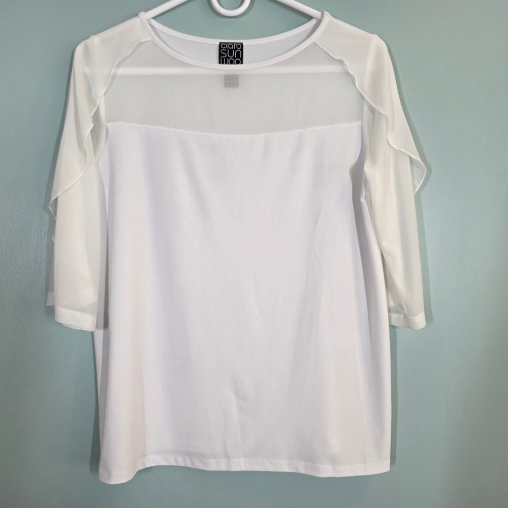 Clara Sunwoo White Mesh Yoke Ruffle 3/4 Sleeve Top‎ XS Made in USA Resort